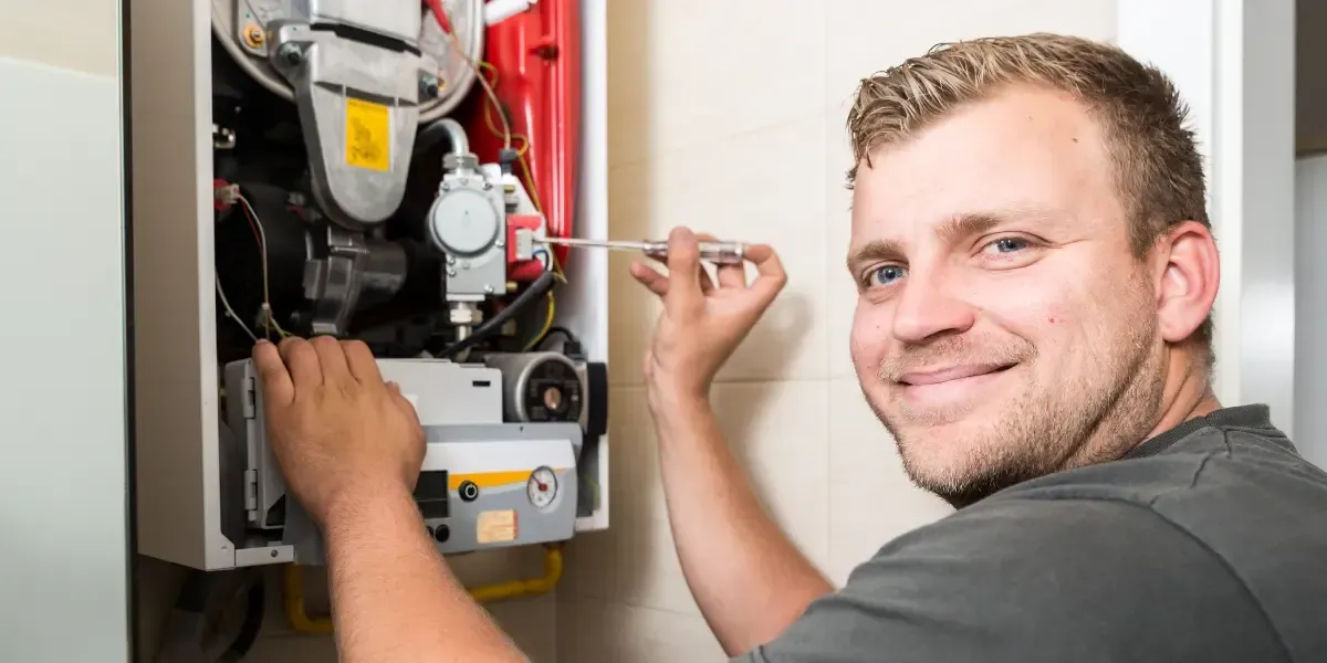 A man is fixing a boiler with a screwdriver.