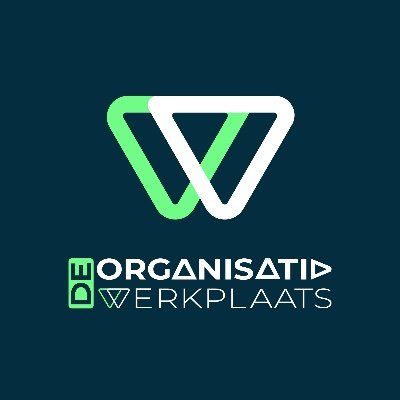Logo for De Organisatie Werkplaats, green and white geometric triangle mark on a dark blue background