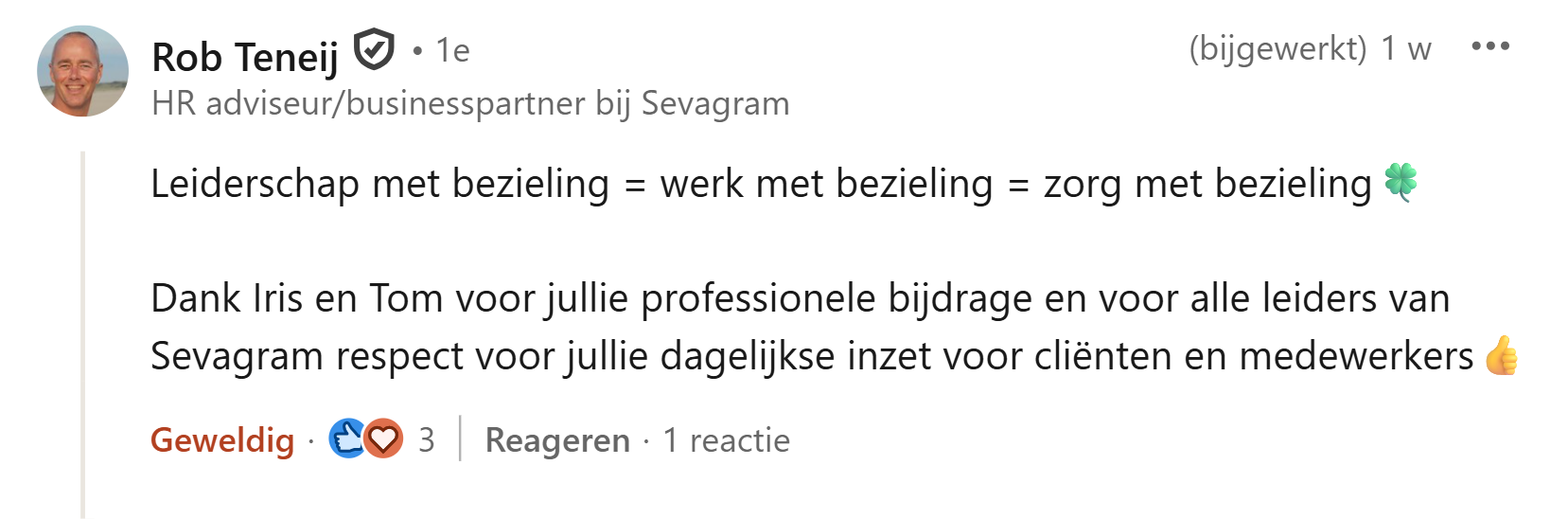 Screenshot van een Nederlands Facebookbericht van Rob Teney waarin hij Iris Serpenti en Tom Peeters bedankt.