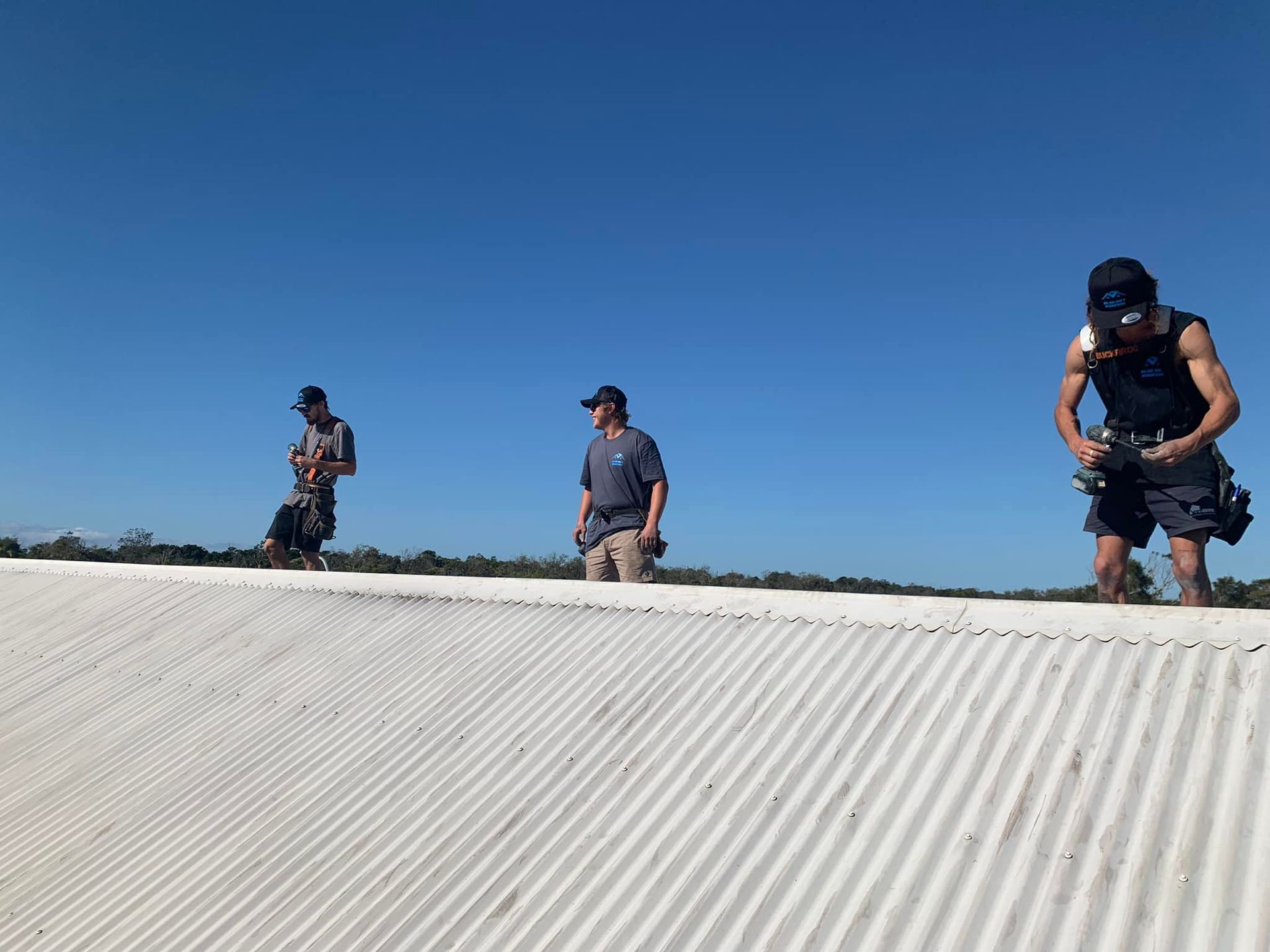 Three Roofers on a Corrugated Metal Roof — Blue Sky Roofing NSW In Mullumbimby, NSW