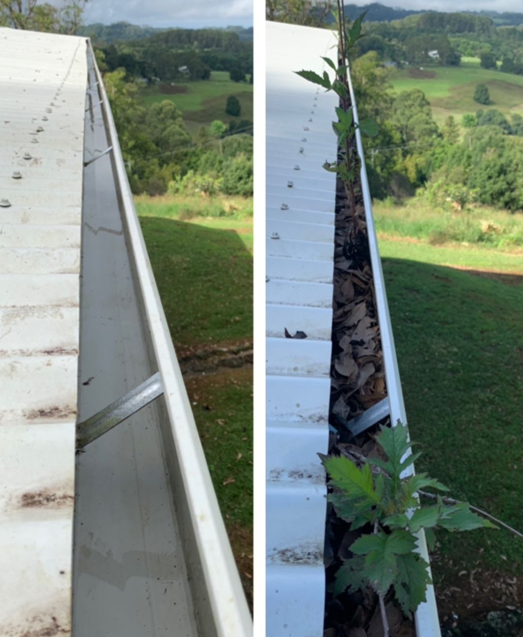 A Before and After of a gutter that has been cleaned — Blue Sky Roofing NSW In Mullumbimby, NSW