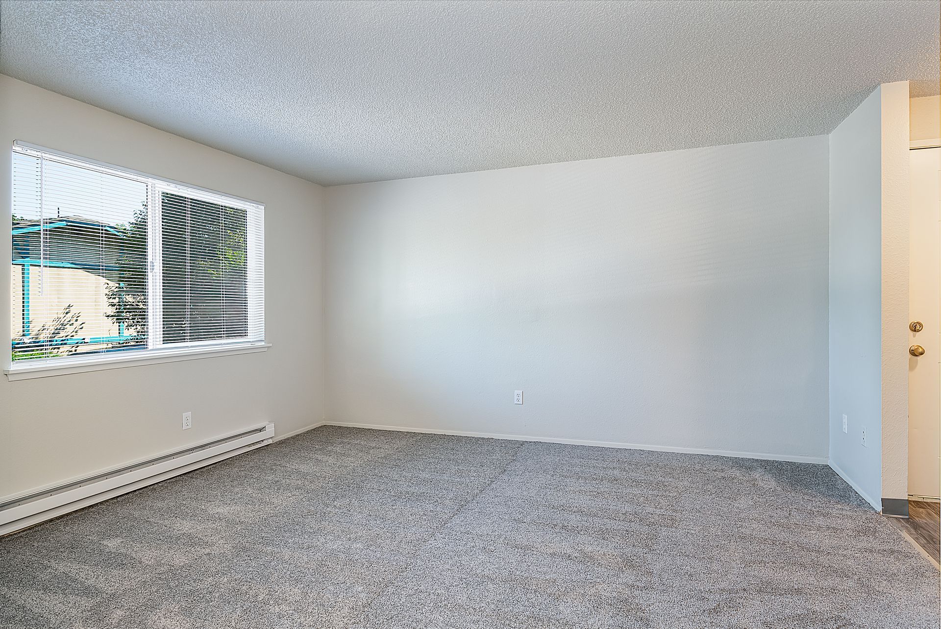 Alternate angle of the carpeted living room showing a scenic view