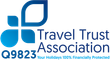 The travel trust association logo is blue and white and says `` your holidays 100 % financially protected ''.