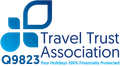 The travel trust association logo is blue and white and says `` your holidays 100 % financially protected ''.