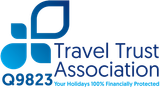 The travel trust association logo is blue and white and says `` your holidays 100 % financially protected ''.