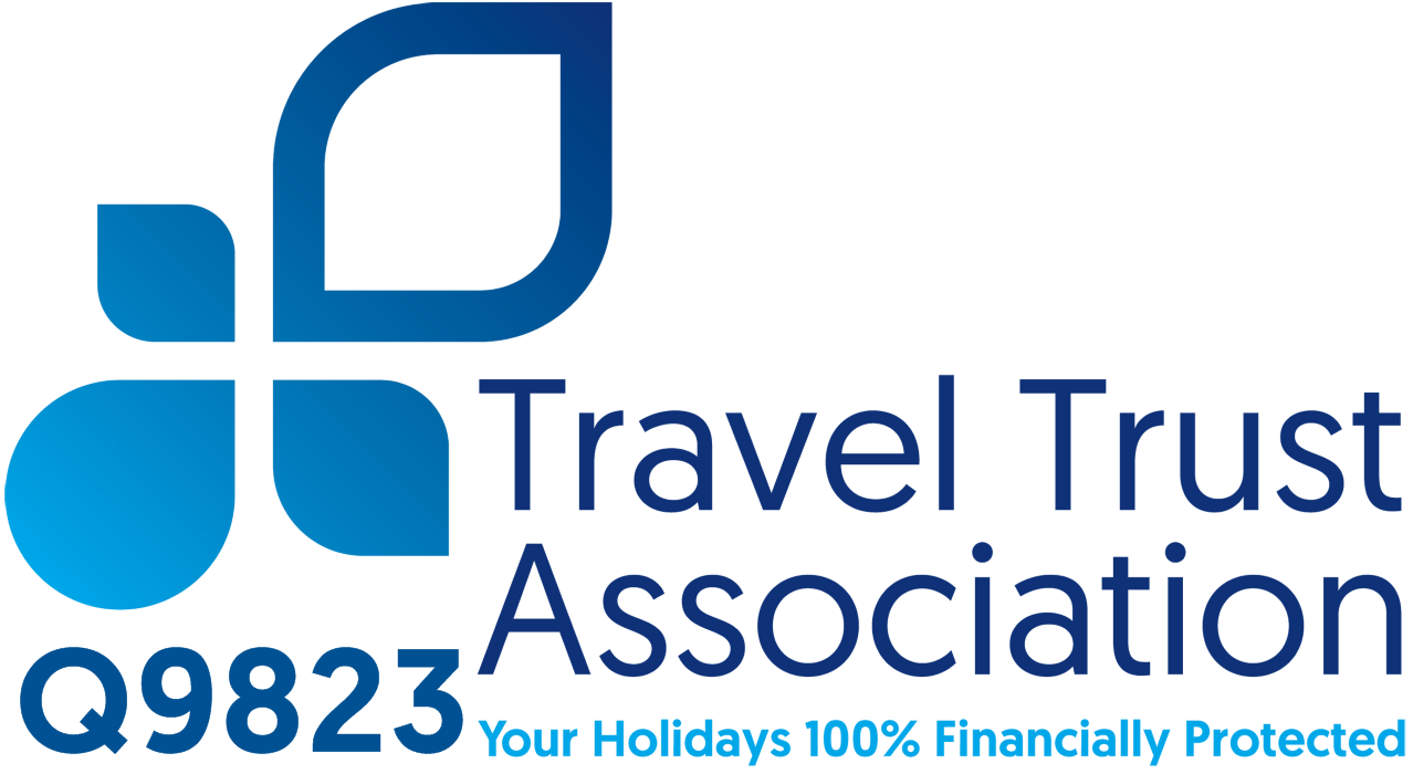 The travel trust association logo is blue and white and says `` your holidays 100 % financially protected ''.