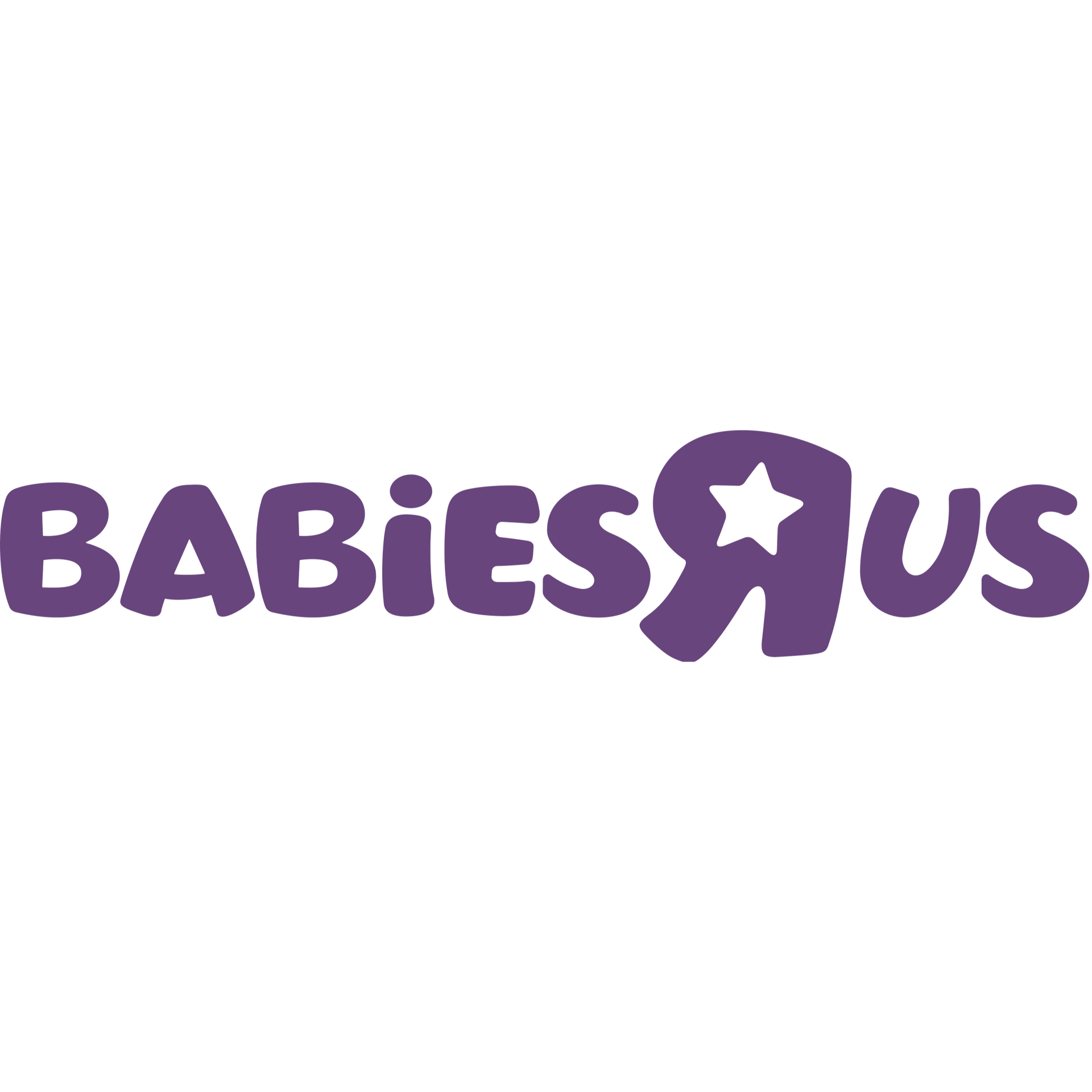 The logo for babies r us is purple and has a star on it.
