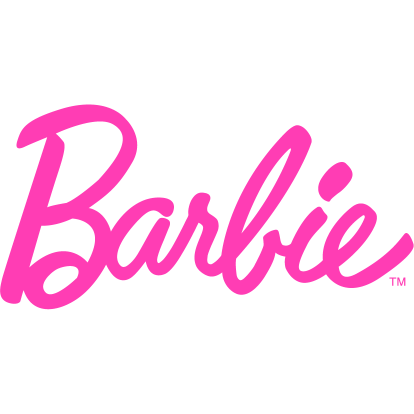 A pink barbie logo on a white background