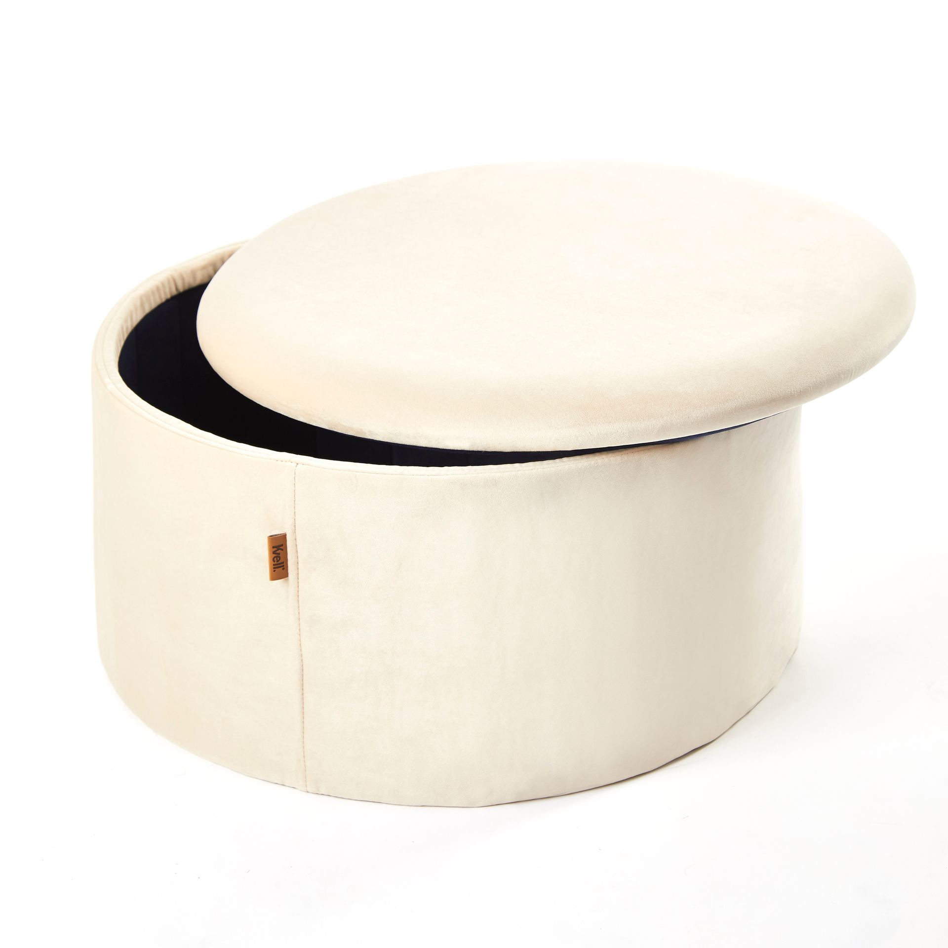 A white ottoman with the lid open on a white background
