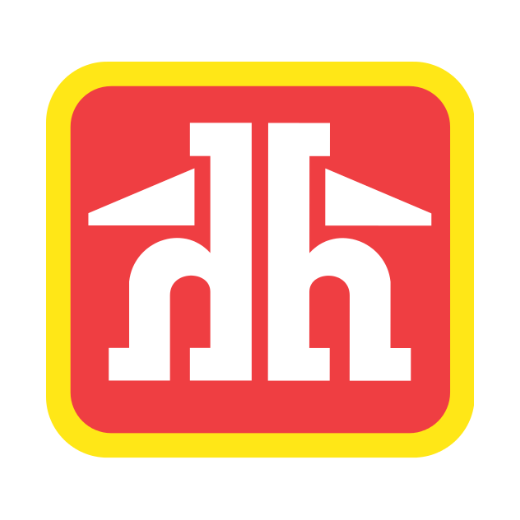 A red and yellow logo with the letter h on it