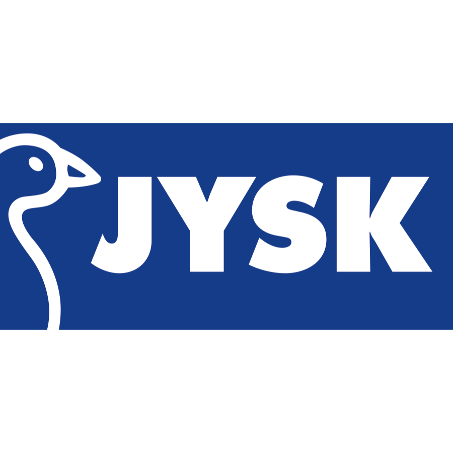 A blue and white logo for jysk with a bird on it