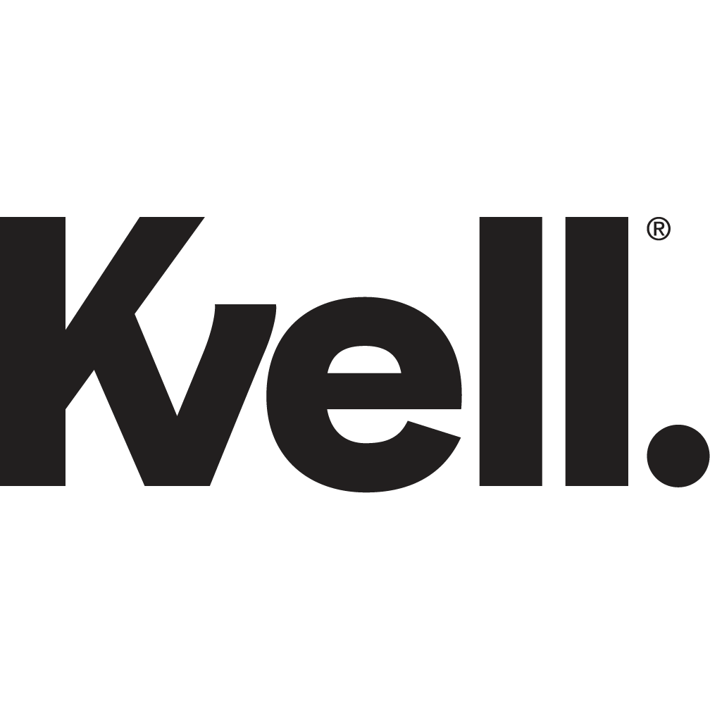 A black and white logo for a company called kvell.