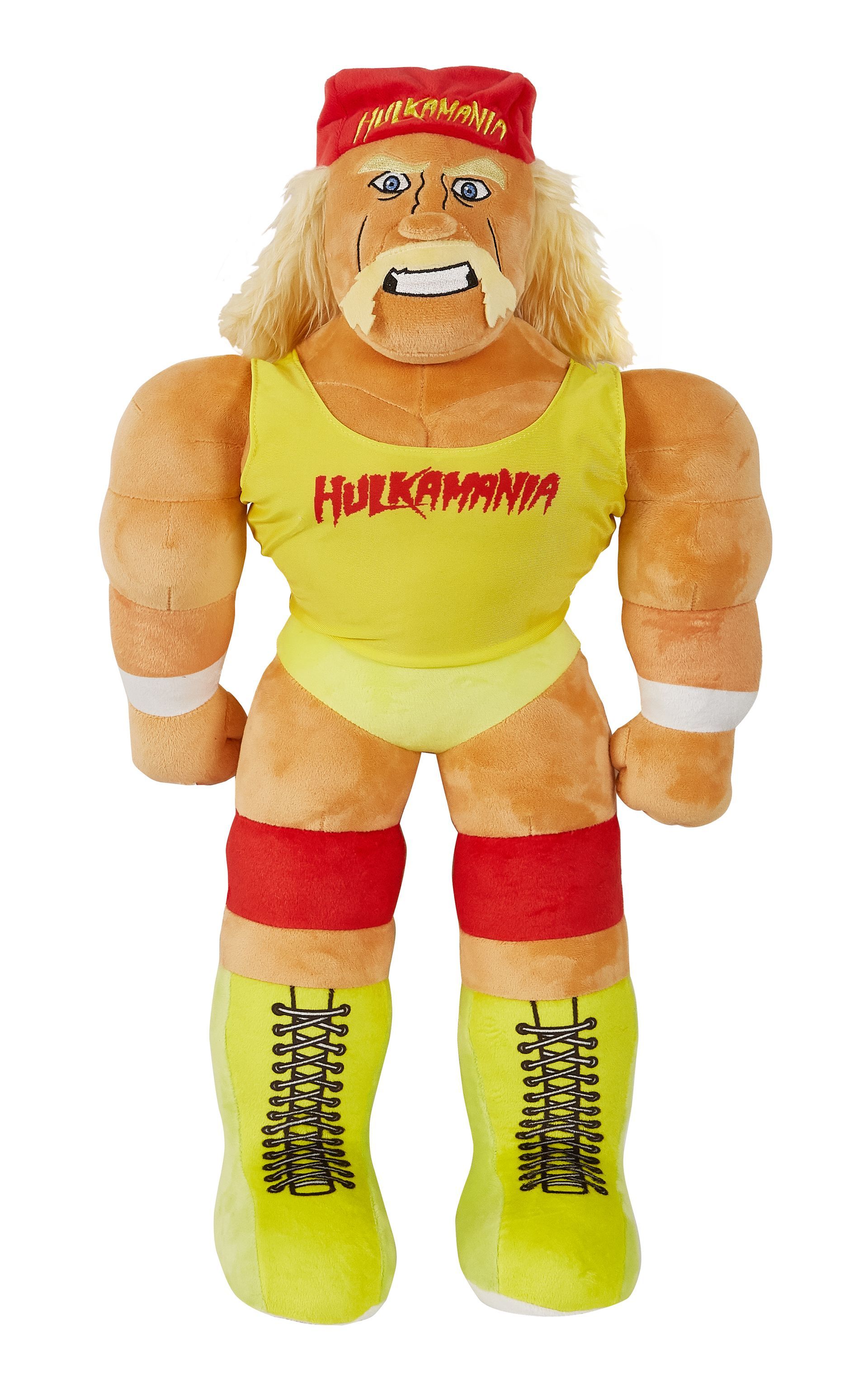 A stuffed hulk hogan is wearing a yellow tank top and yellow socks