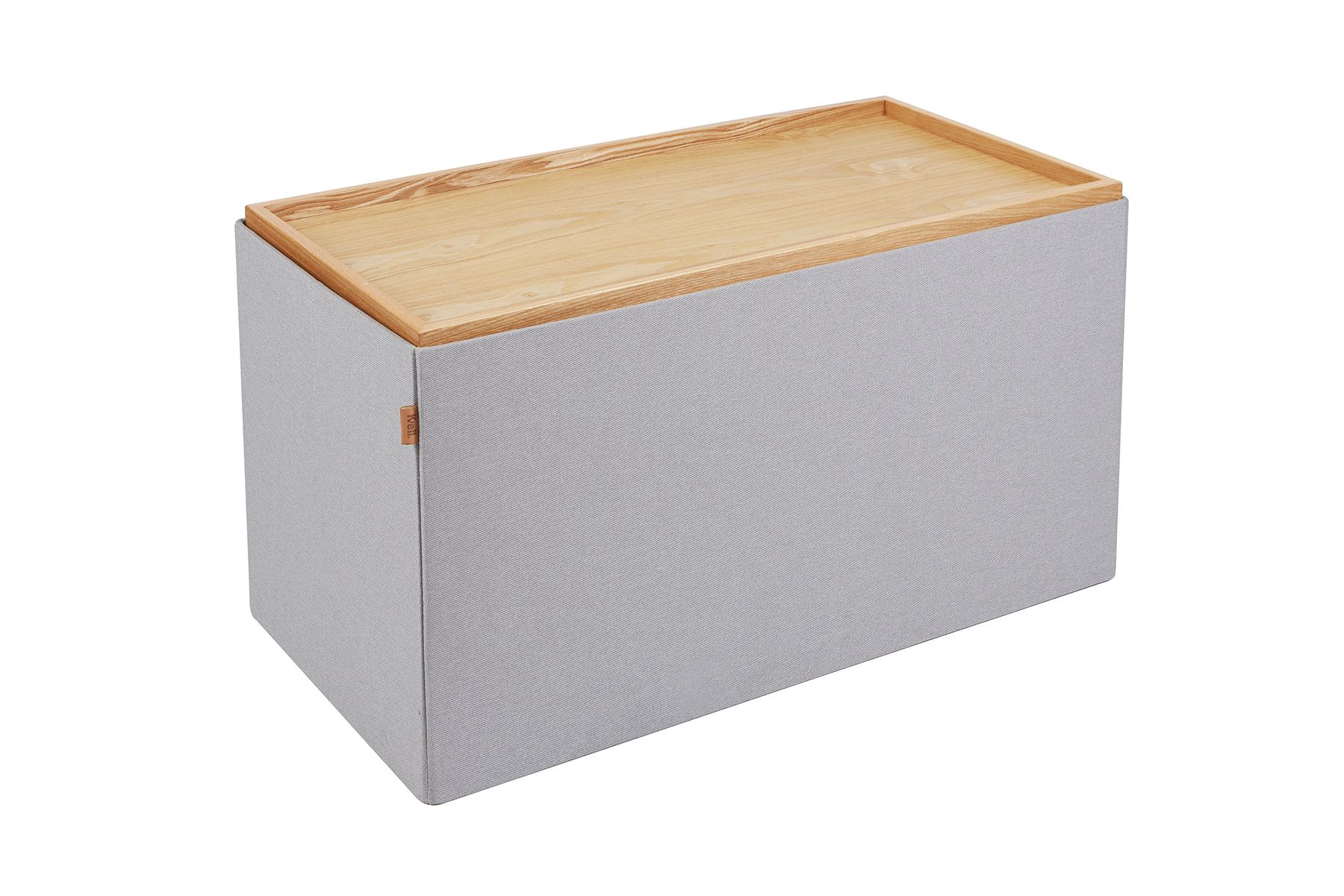 A gray box with a wooden lid on a white background.