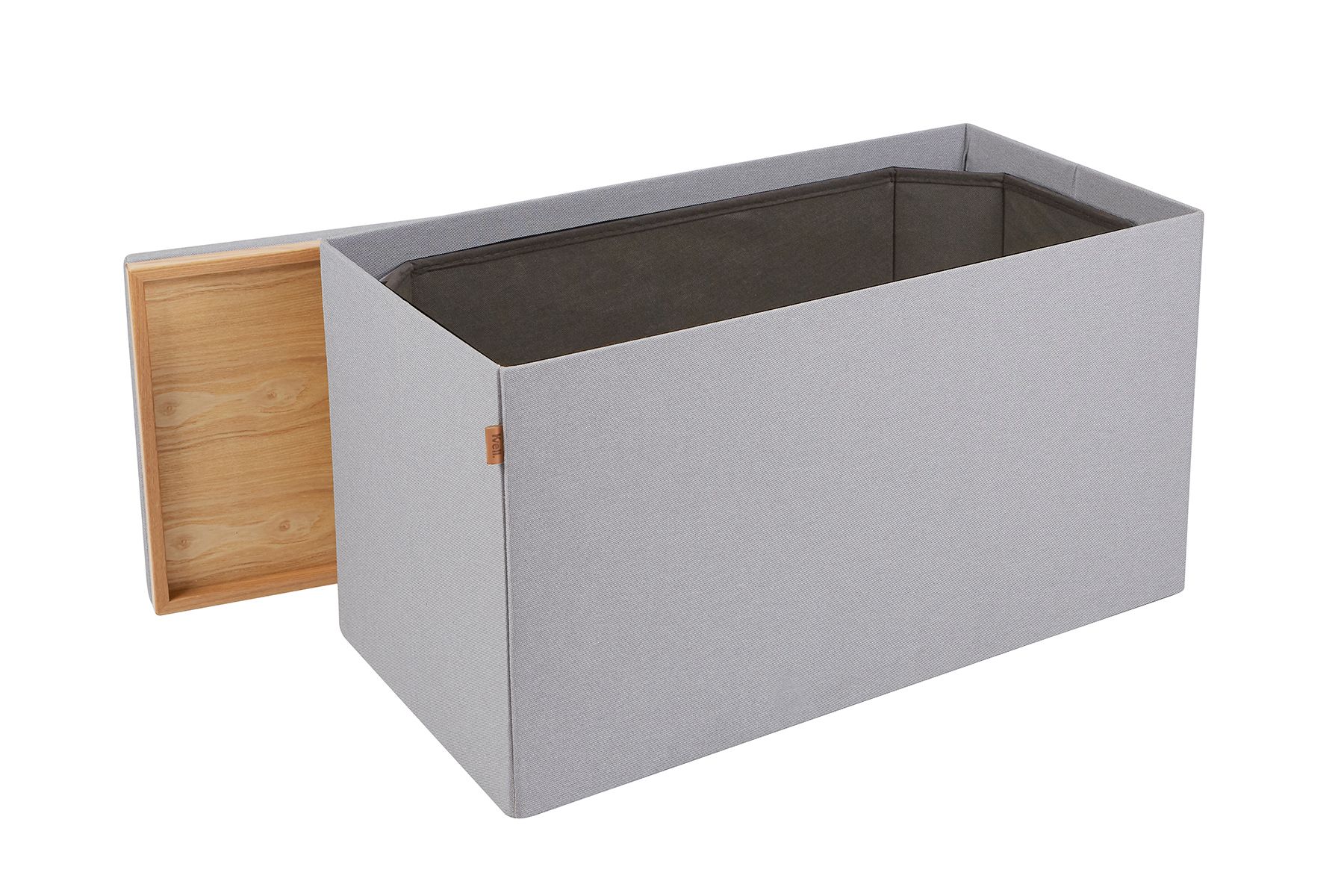 A gray box with a wooden lid on a white background.