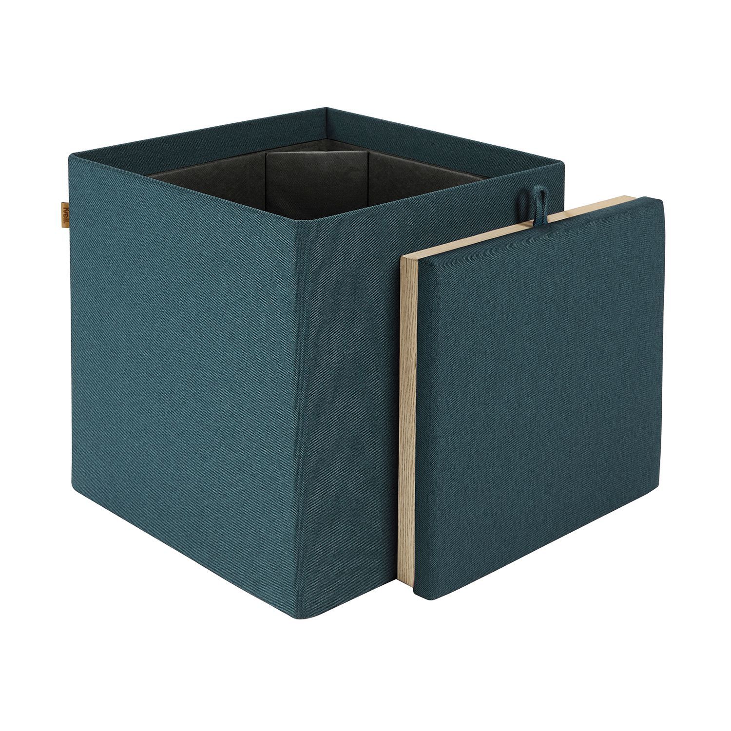 A blue ottoman with the lid open and a wooden frame.