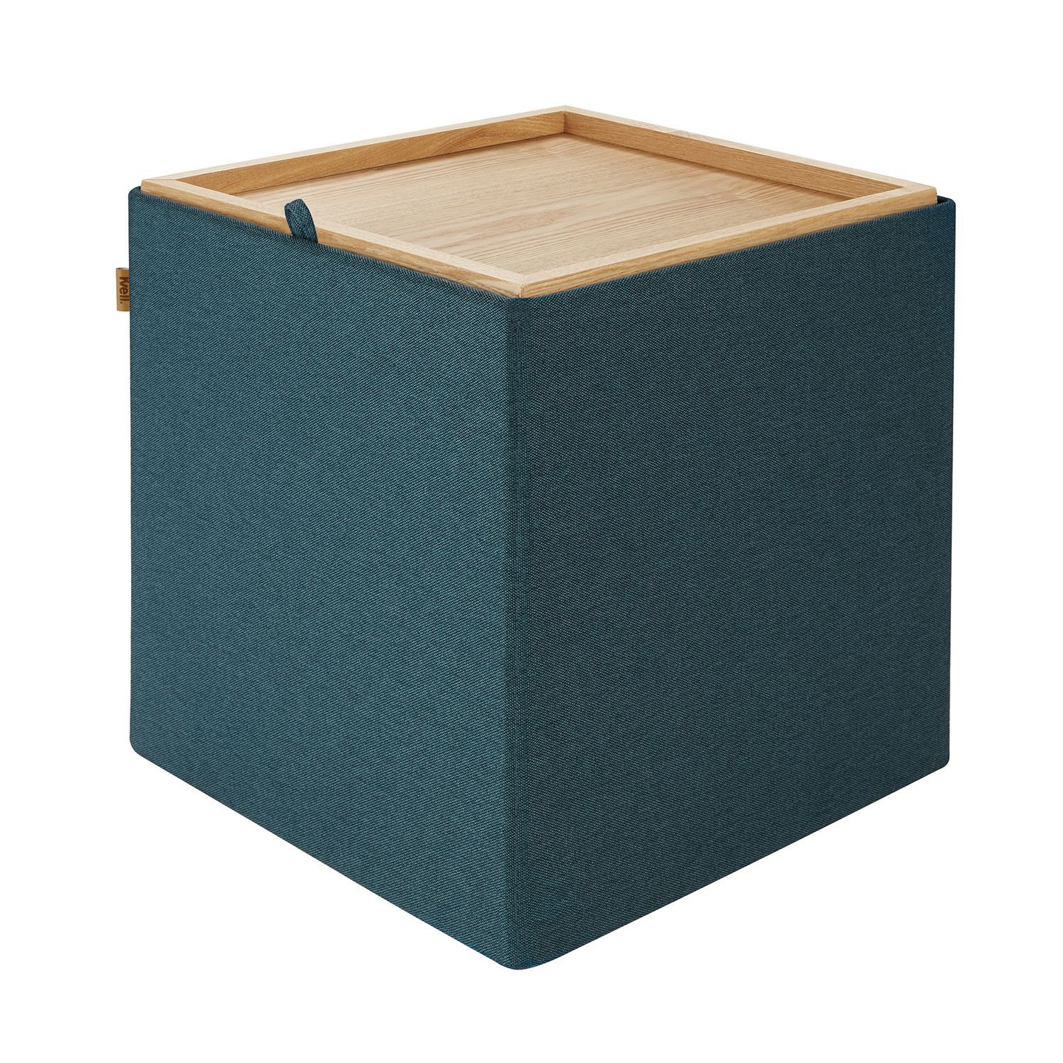 A blue box with a wooden lid on a white background.