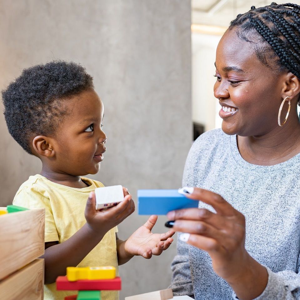 A woman and a child are playing with blocks.