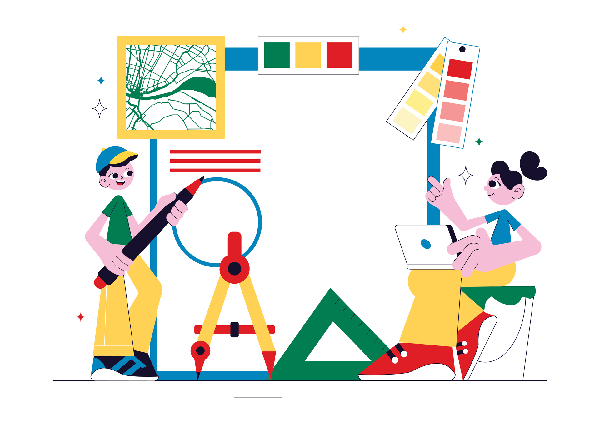 Two designers working on a project with tools, a map, color palettes, and a laptop.