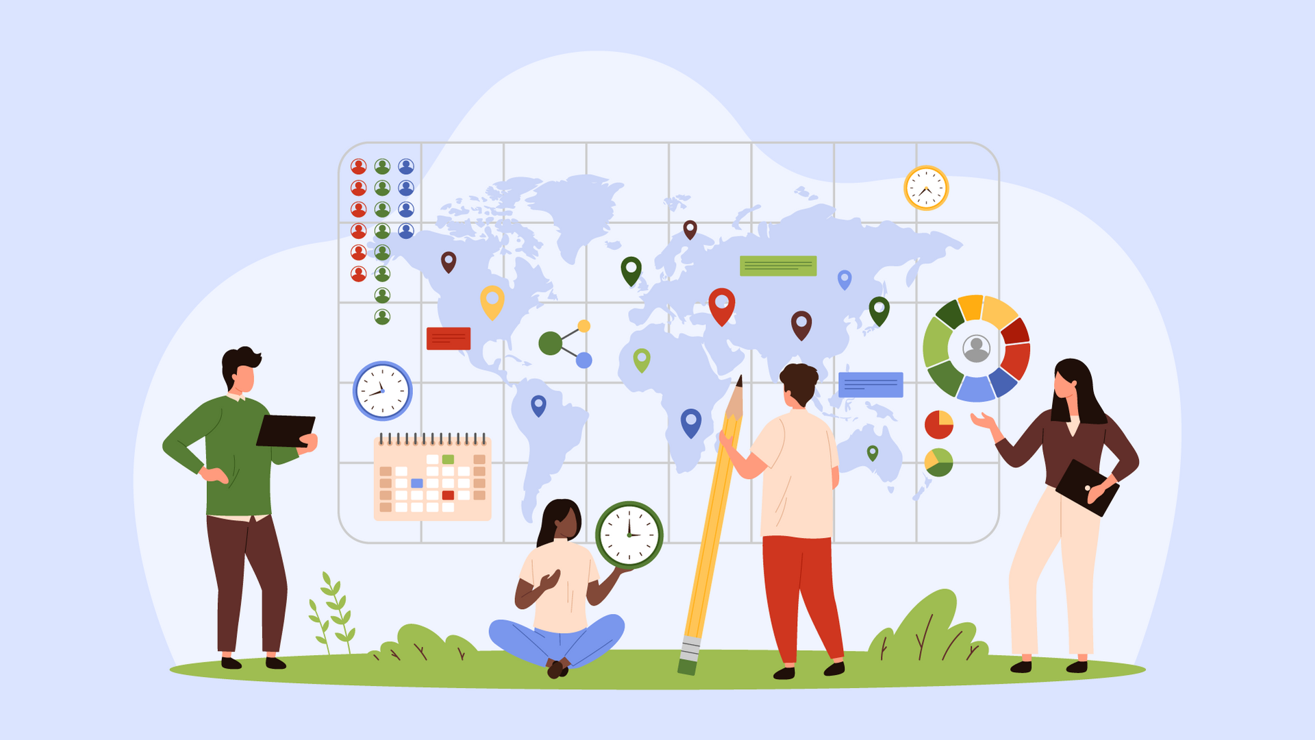 People around a world map with data visualizations and timelines, indicating global business strategy.