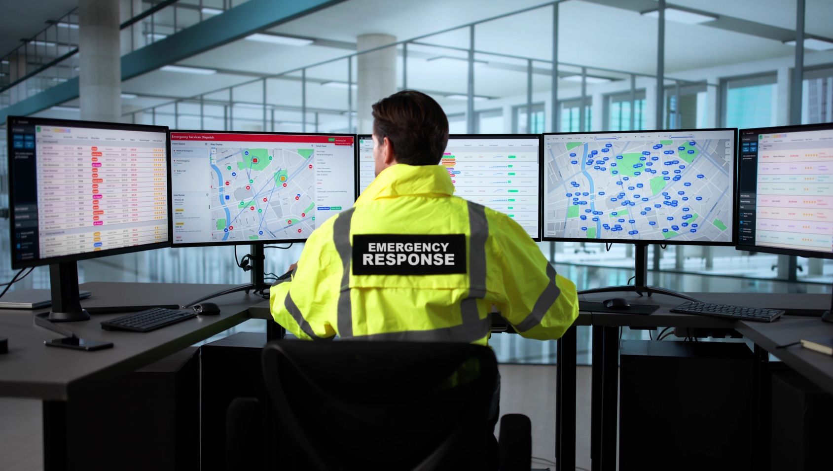 Man in yellow safety vest monitors multiple computer screens in a control room, labeled 