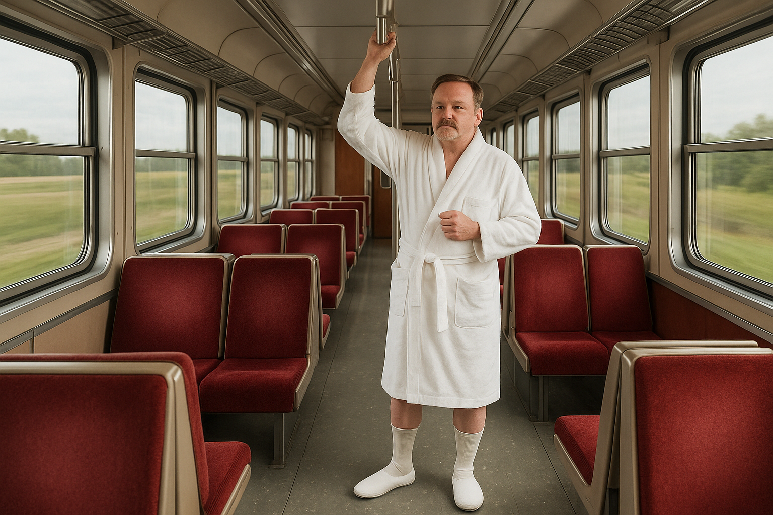 Man in a white bathrobe holding a subway handrail. He is in an empty subway car with red seats.