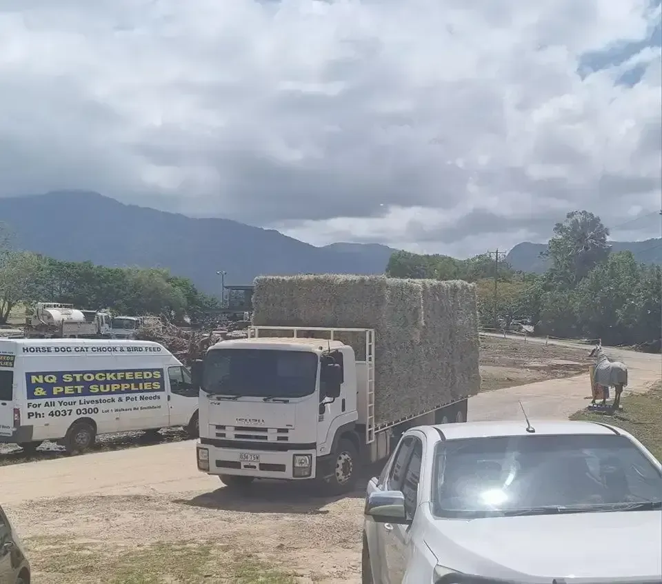 White Truck Loaded With Hay Bales on a Road, Near a Van — NQ Stockfeeds & Farm Supplies In Yorkeys Knob, QLD