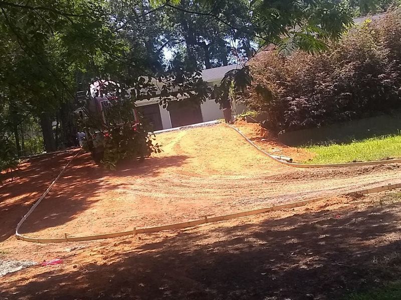 A dirt road leading to a house surrounded by trees and grass.