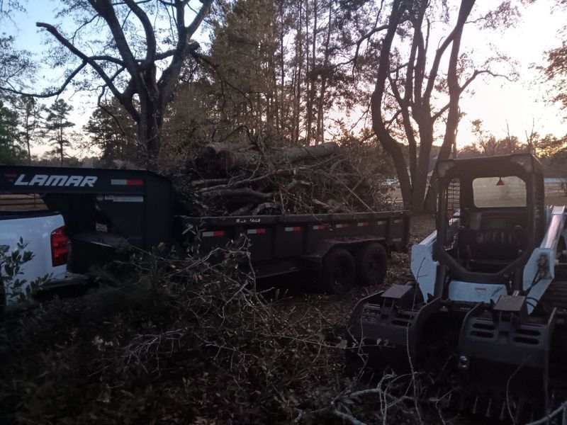 A bulldozer is carrying a trailer full of logs.
