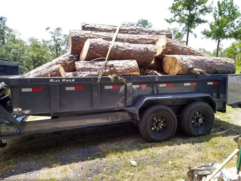 A dumpster filled with logs is parked in the grass
