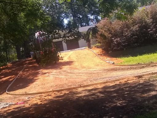 A dirt road leading to a house surrounded by trees and grass.