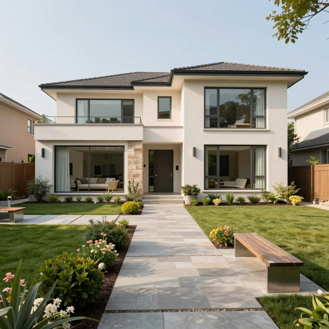 Modern two-story beige house with a landscaped front yard and stone walkway