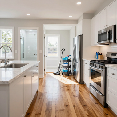 Bright modern kitchen with white cabinets, stainless steel appliances, and sunlit hardwood floors