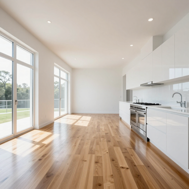 Bright modern kitchen and dining area with white island, stools, and large windows overlooking trees.
