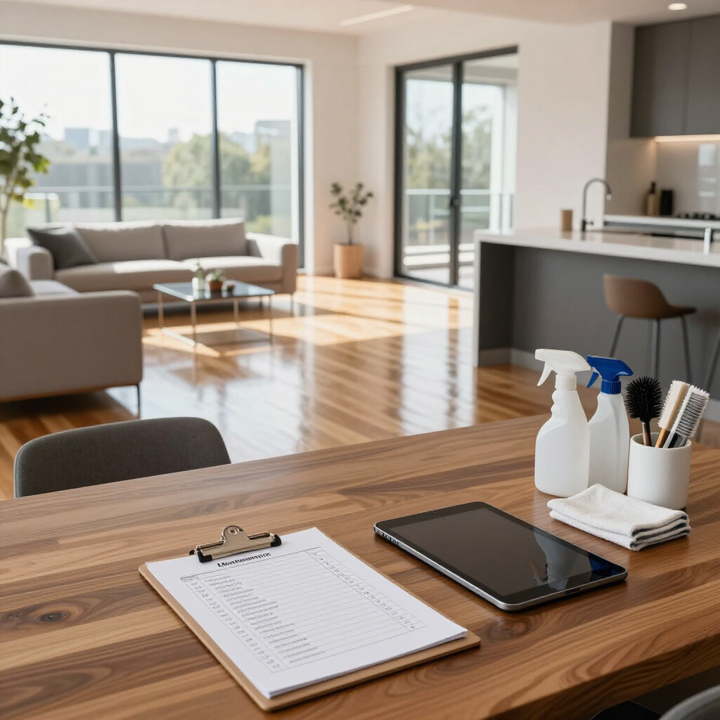 Bright modern living room with kitchen island, wooden table, clipboard, tablet, and cleaning spray bottles