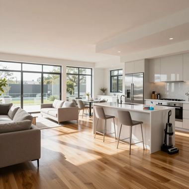 Bright modern open-plan living room with kitchen island, large windows, and wood floors lit by sunlight