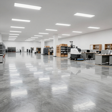 Spacious empty warehouse with polished gray floor, white ceiling lights, shelves, and office equipment.