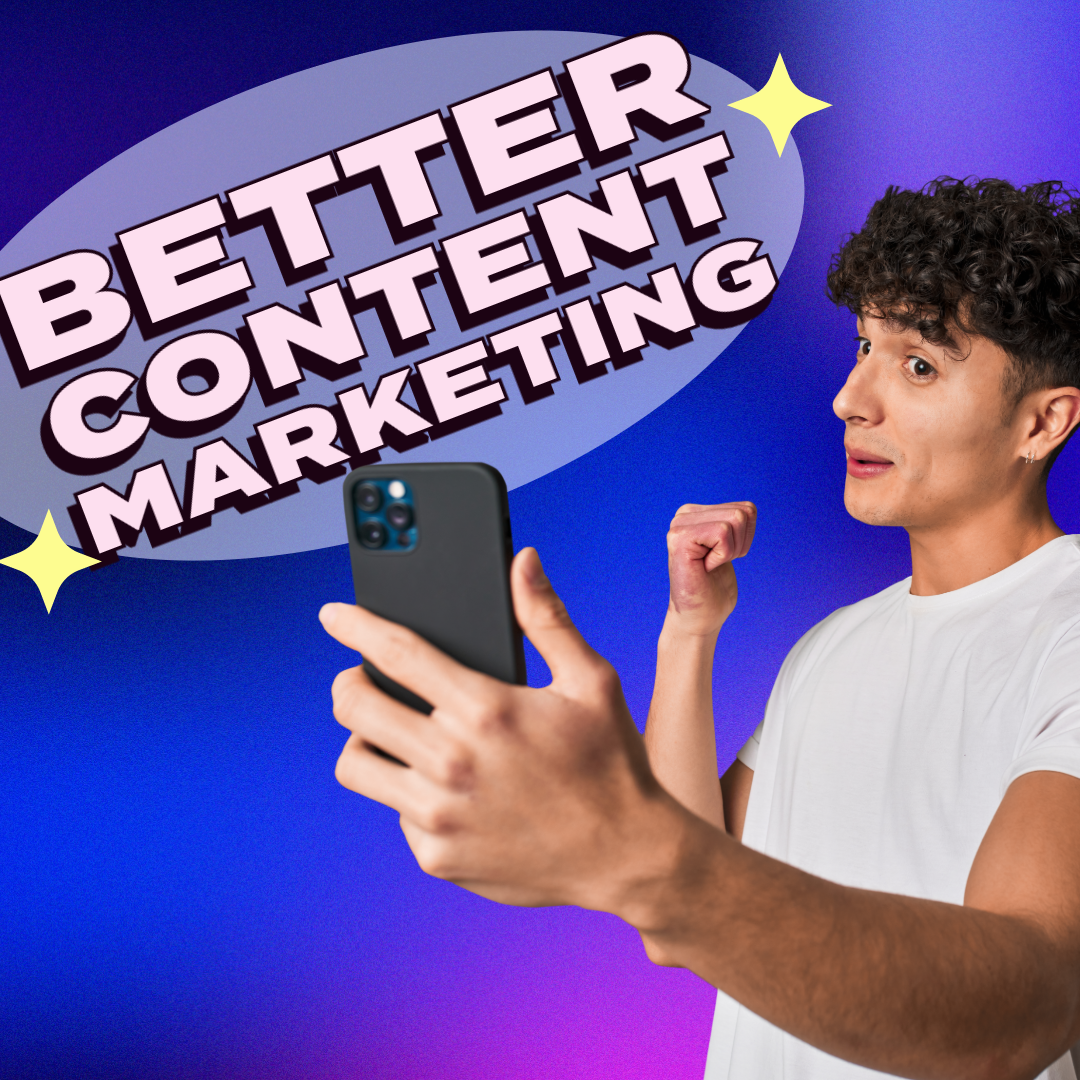 Man holding up phone blue background better content marketing for business