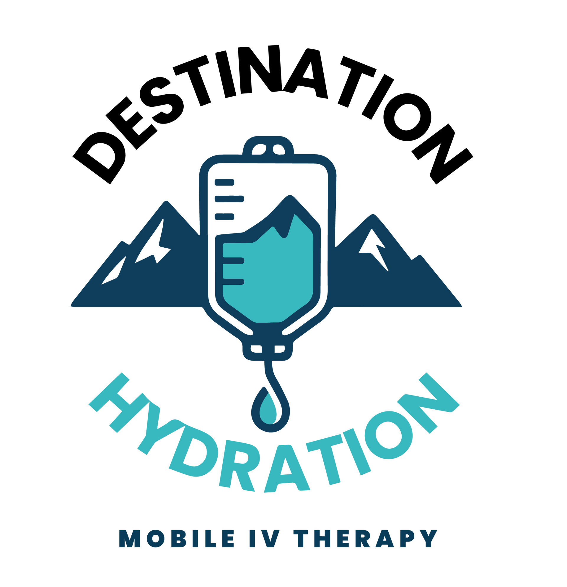 Logo: Destination Hydration, mobile IV therapy, with IV bag and mountains.