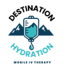 Logo: Destination Hydration, mobile IV therapy, with IV bag and mountains.