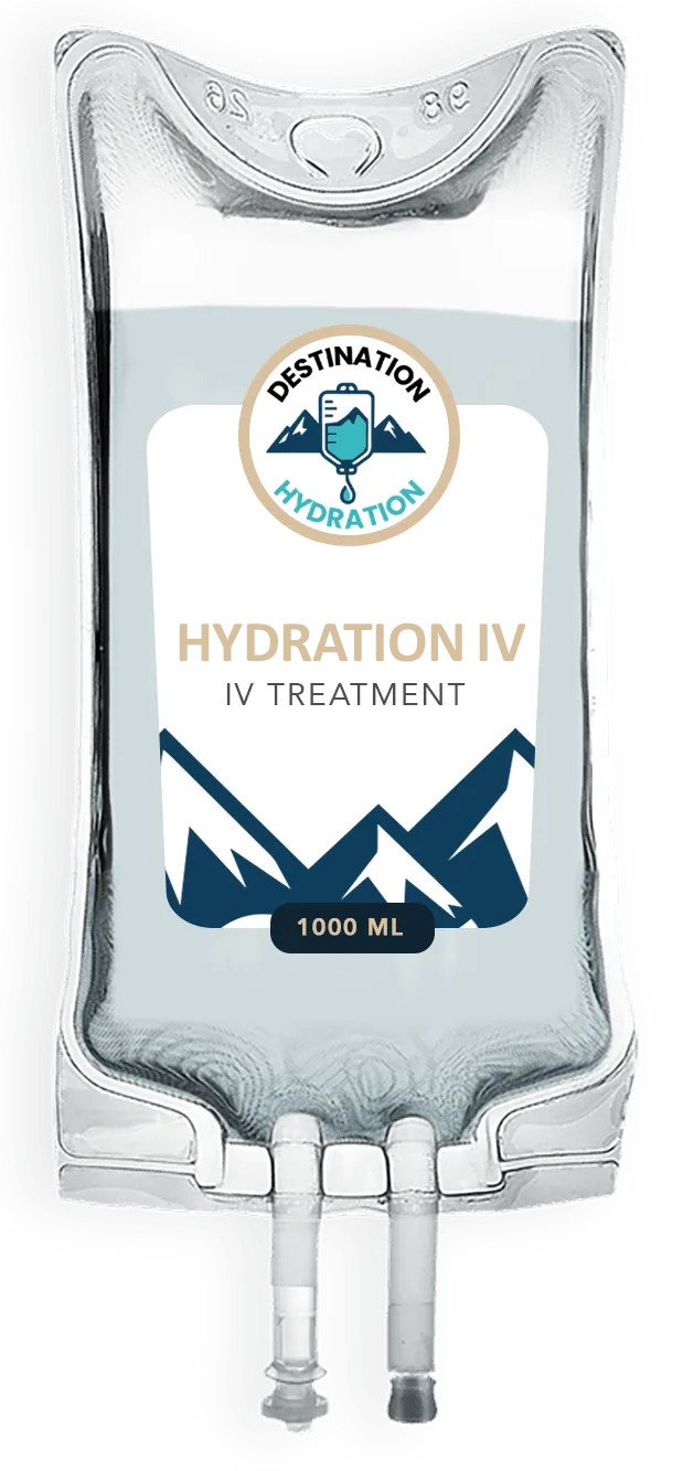 IV bag labeled "Destination Hydration" with logo and text "Hydration IV Treatment".