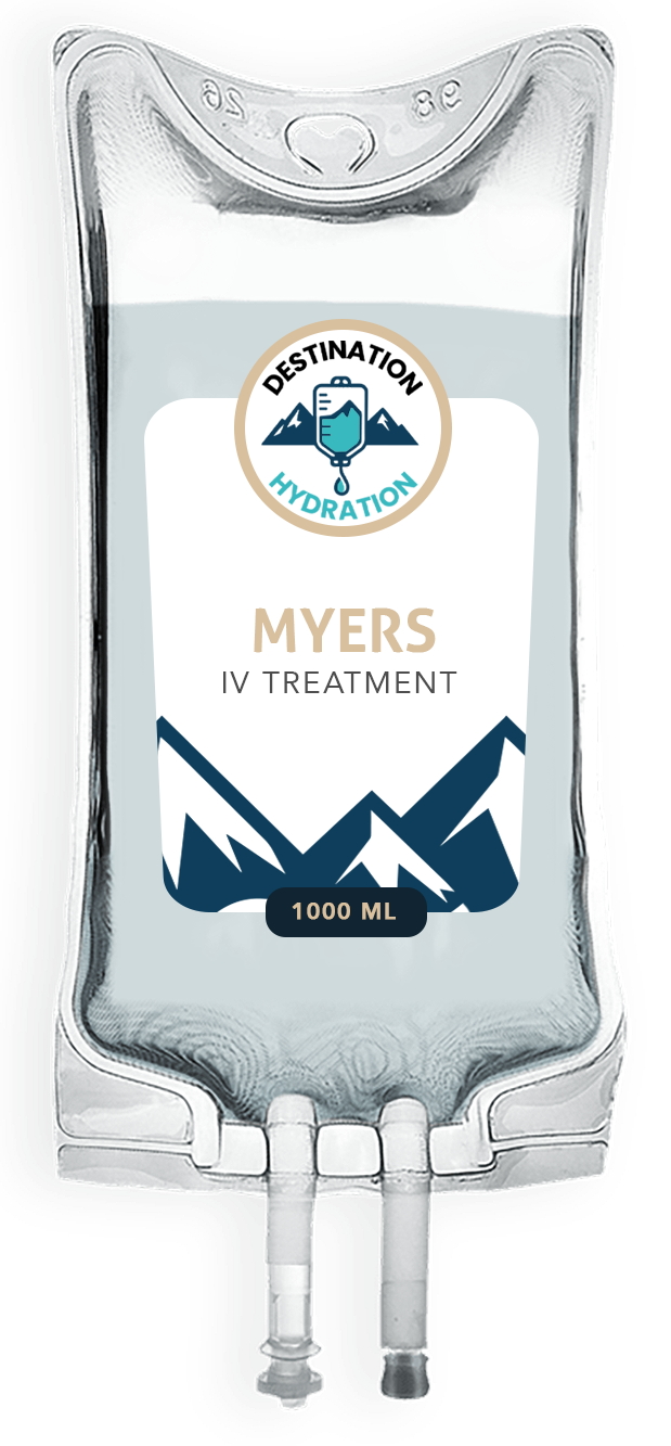IV bag labeled "Myers' Cocktail Treatment" with logo and mountain graphic.