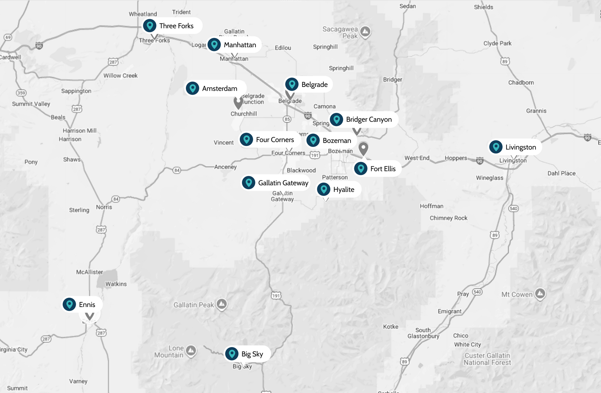 Map with labeled locations in shades of blue on a gray background. Cities include Bridger Canyon, Big Sky, and Livingston.