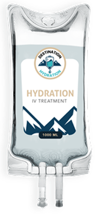 IV bag with hydration treatment label and mountain logo.