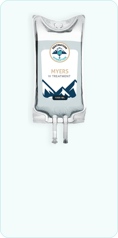 IV bag labeled "Myers' Cocktail" with a mountain logo, against a light blue background.