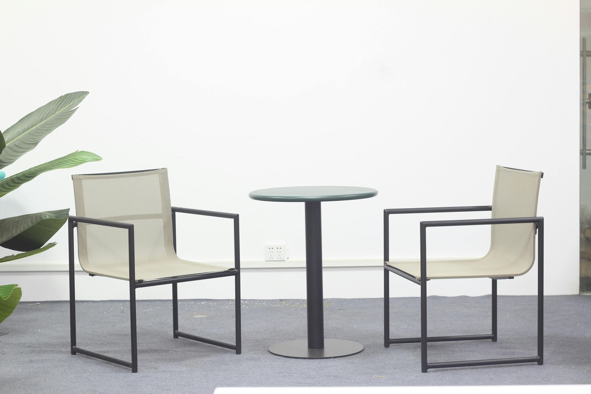 Two chairs and a small table sit against a white wall; green plant in the corner.