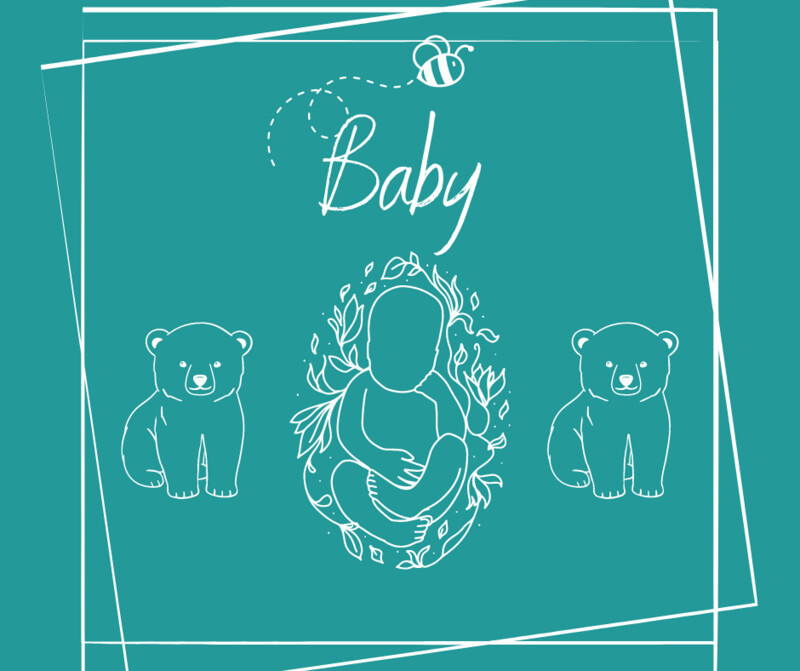 A baby is surrounded by two bears and a bee.