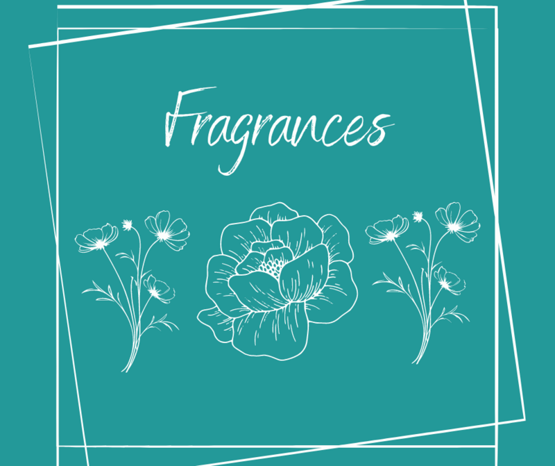A drawing of three flowers on a blue background with the words `` fragrances '' written above them.