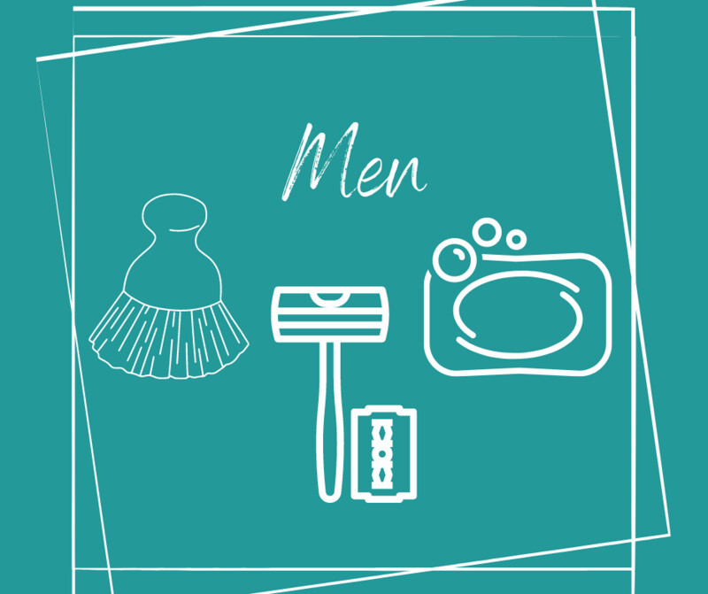 A picture of a razor , shaving brush , and soap on a blue background.