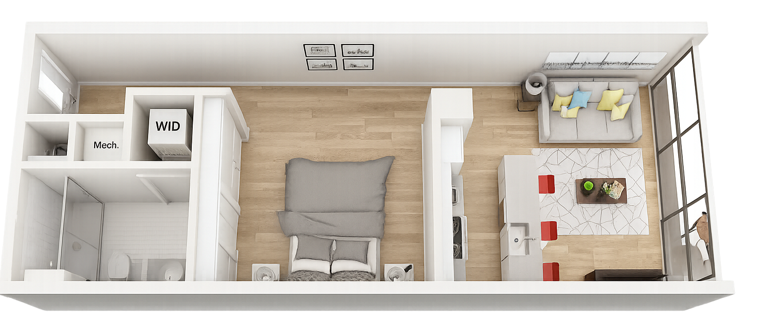 Top-down view of a modern studio apartment with bedroom, living area, and bathroom. White walls, wooden floors.